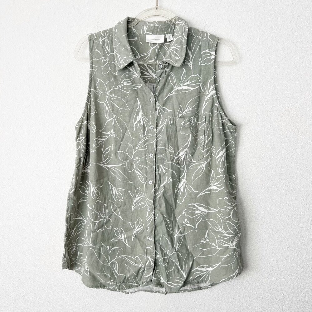 EcoThreads Womens Large Sage Green Linen Sleeveless Button Front Blouse Top